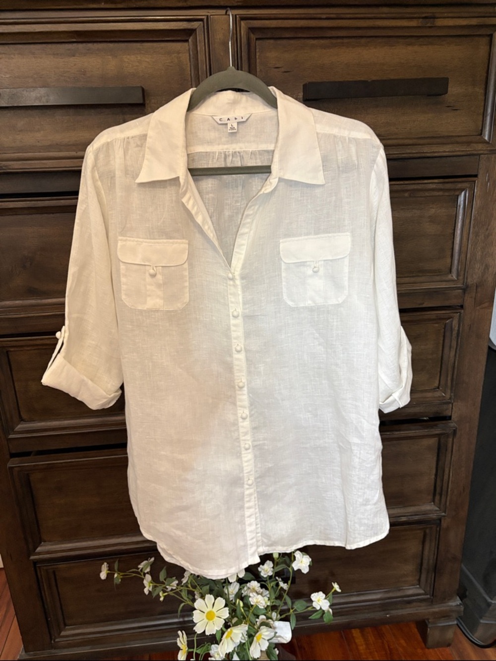 CAbi White Linen Button-Down Shirt with Chest Pockets